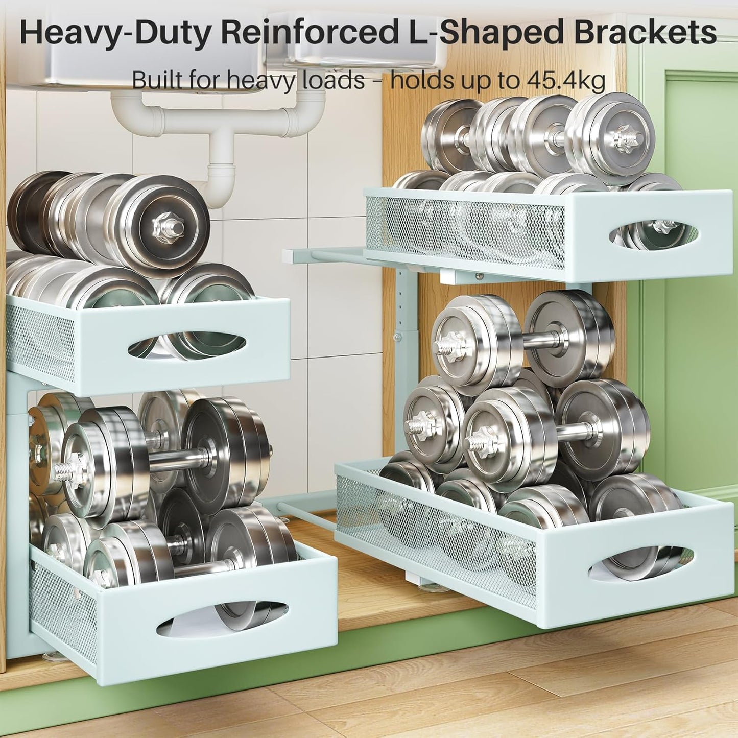 Under Sink Organizer, 2 Tier Pull out Cabinet Organizer Baskets with Mesh Sliding Drawers, Slide out Storage Shelf for Home, Kitchen, Bathroom, Pantry, Office Cabinet, Countertop(1 Pack)