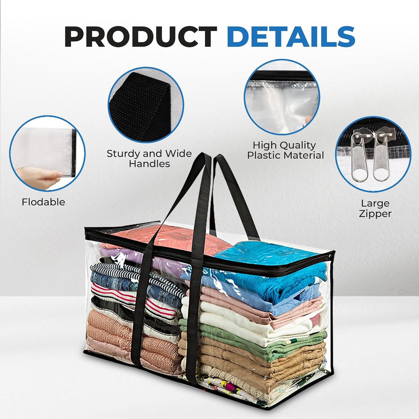 VitalUp 3 Pack Clear Plastic Storage Bags, Durable Zippered Storage Bags for Comforters, Blankets, Clothes, and Bedding - Breathable Nonwoven with Clear Front for Easy Organizing 20x20x8