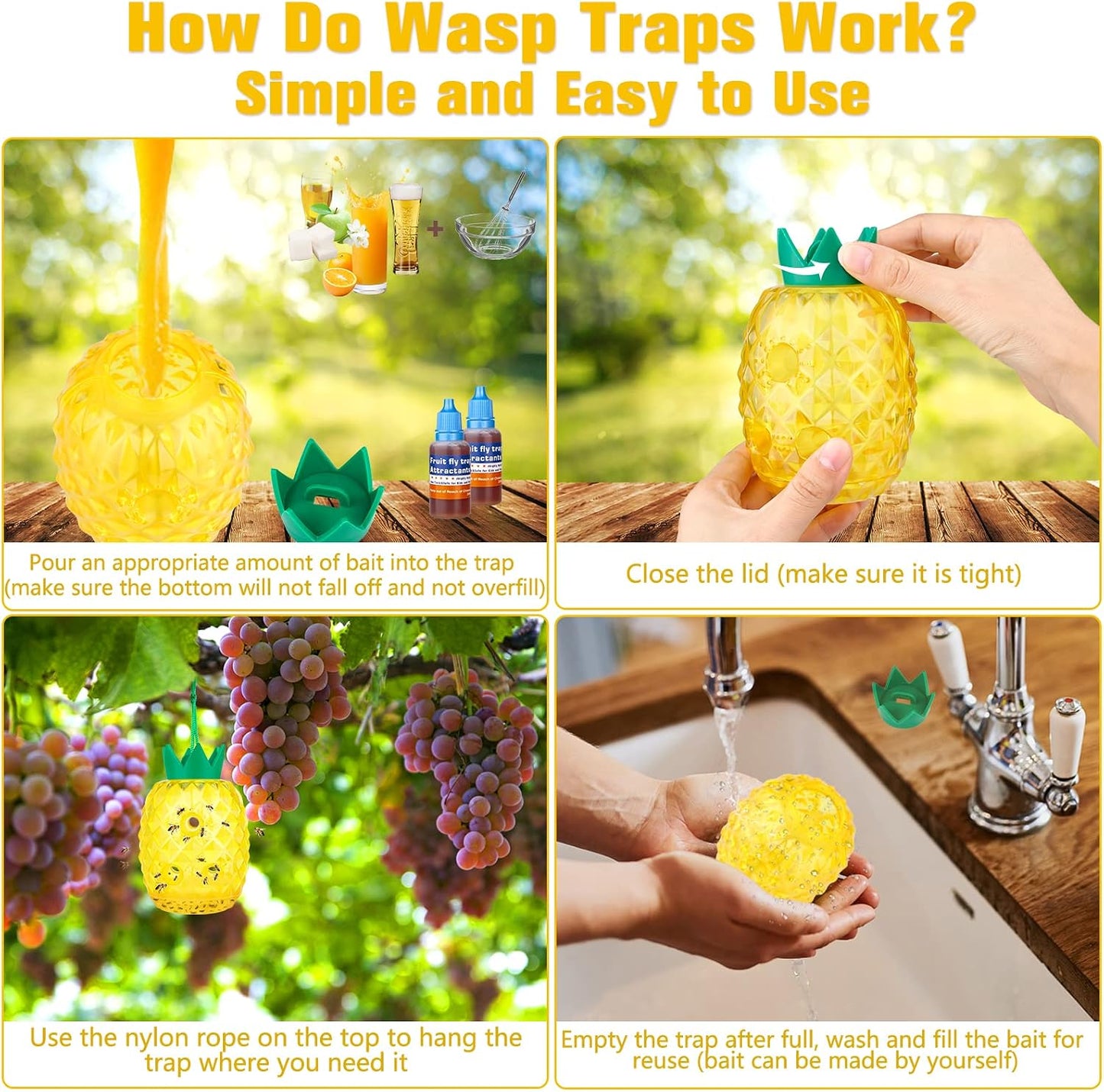 Wasp Trap, Yellow Jacket & Hornet Catcher for Outdoors, Reusable Hanging Wasp Catcher Traps, 2 Pack, Yellow - Pineapple Shape