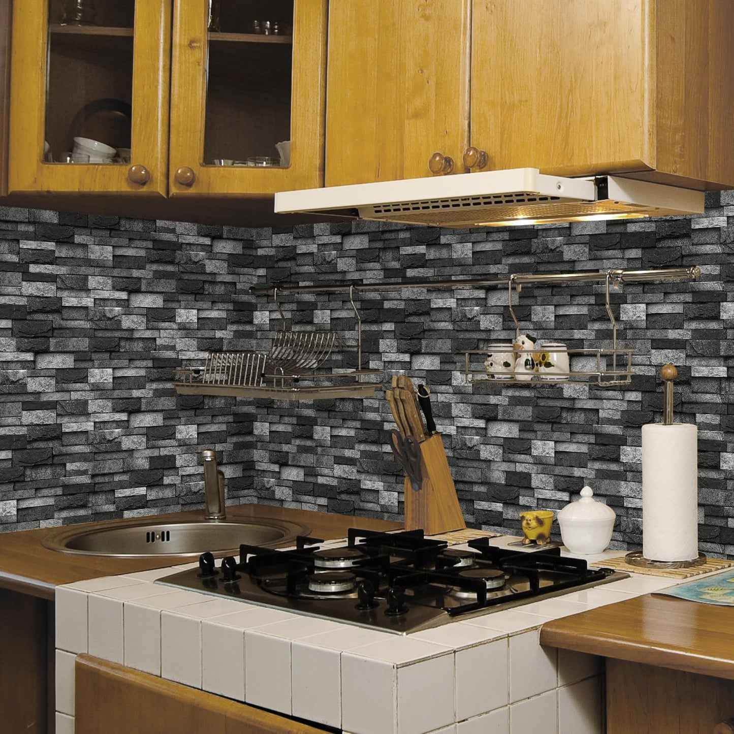 Vinyl Grey Black Tiles backsplash Wallpaper Peel and Stick,Waterproof Tile Decals for Kitchen Bathroom Restaurant Apartment Wall Renovation or Decor(25 Pcs 9.68 * 4.53 inch)