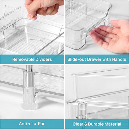 Vtopmart 2 Tier Bathroom Storage Organizer, 2 Pack Clear Under Sink Organizers Vanity Counter Container, Cabinet Drawers Bins, Pull-Out Organization with Track for Pantry, Kitchen