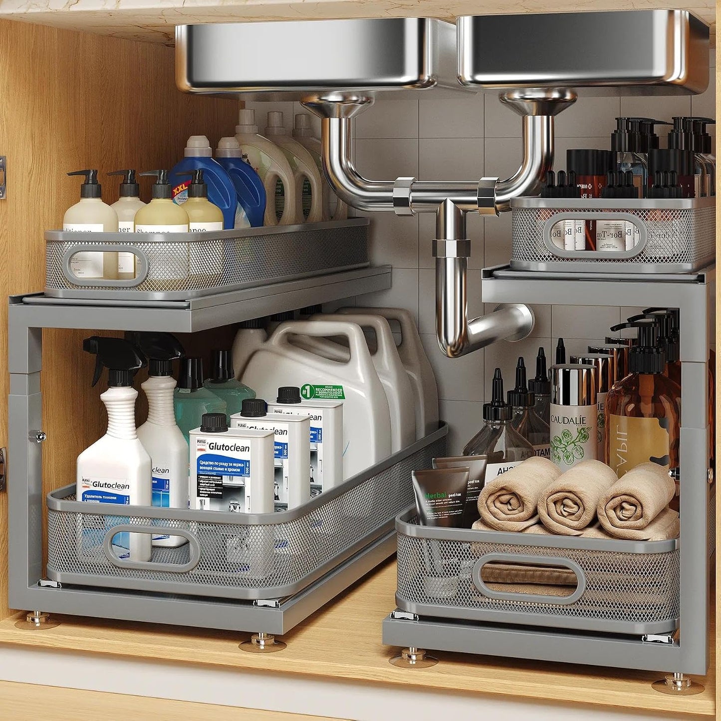 2-Pack Under Sink Storage Organizer with 2-Tier Slide Out Drawer, Sophisticated Mesh Pull Out Shelf for Kitchen & Bathroom, Fits Small Items, Upgraded Arched Track for Smooth Gliding(Patented)