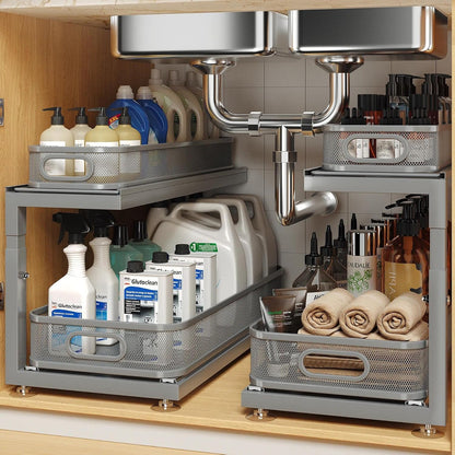 2-Pack Under Sink Storage Organizer with 2-Tier Slide Out Drawer, Sophisticated Mesh Pull Out Shelf for Kitchen & Bathroom, Fits Small Items, Upgraded Arched Track for Smooth Gliding(Patented)