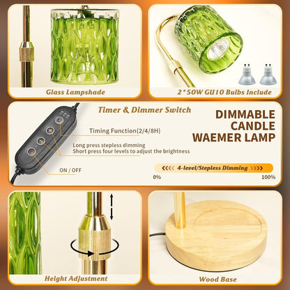 Candle Warmer Lamp with Timer and Dimmable, Electric Wax Melt Candle Warmers Height Adjustable with 2 Bulbs, Birthday Gifts for Women House Warming, Home Decor for Scented Jar Candles(Clear)