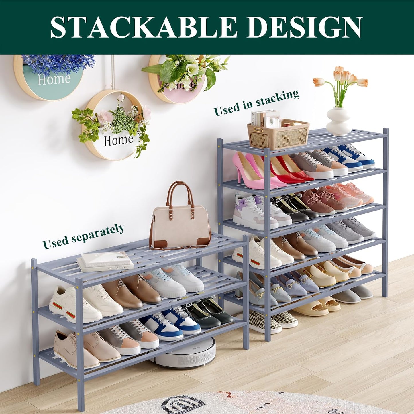Smiry Bamboo Shoe Rack, 3 Tier Free Standing Wooden Shoe Organizer, Stackable Wood Shoe Storage Shelf for Closet, Entryway, 5 Horizontal Slats, 26.8"x11"x18.3", Natural