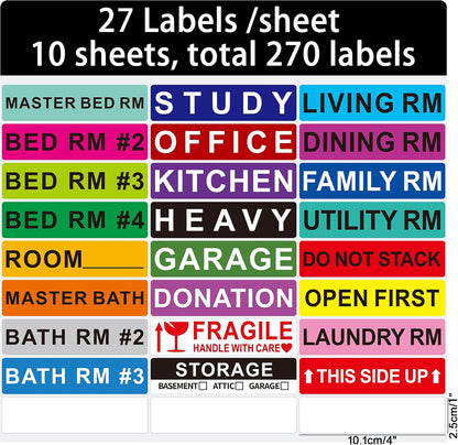 140 Pcs Home Moving Color Coding Labels, Livingroom, Bedroom, Kitchen, Dining Room, Bathroom Label, 14 Spaces Sticker/Sheet（10 Sheets） 1×4 Inch