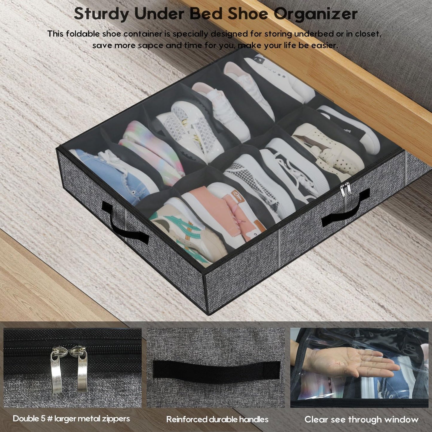 Onlyeasy Sturdy Under Bed Shoe Storage Organizer, Set of 2, Fit 12 to 24 Pairs, Underbed Shoes Closet Storage Solution with Clear Window, Breathable, L29.3 x W23.6 x H5.9, Linen-like Black, MXAUBSB2P
