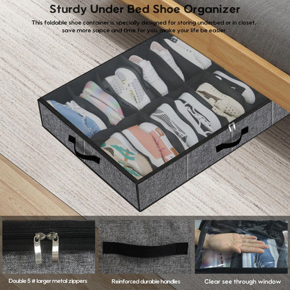 Onlyeasy Sturdy Under Bed Shoe Storage Organizer, Set of 2, Fit 12 to 24 Pairs, Underbed Shoes Closet Storage Solution with Clear Window, Breathable, L29.3 x W23.6 x H5.9, Linen-like Black, MXAUBSB2P