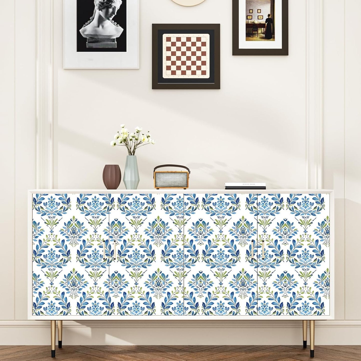 BOKEBEVE Leaves Contact Paper Floral Wallpaper Stick and Peel Boho Damask Wall Paper for Liner Drawer Cabinet Backsplash Renter Friendly Waterproof 17.5 x 118In