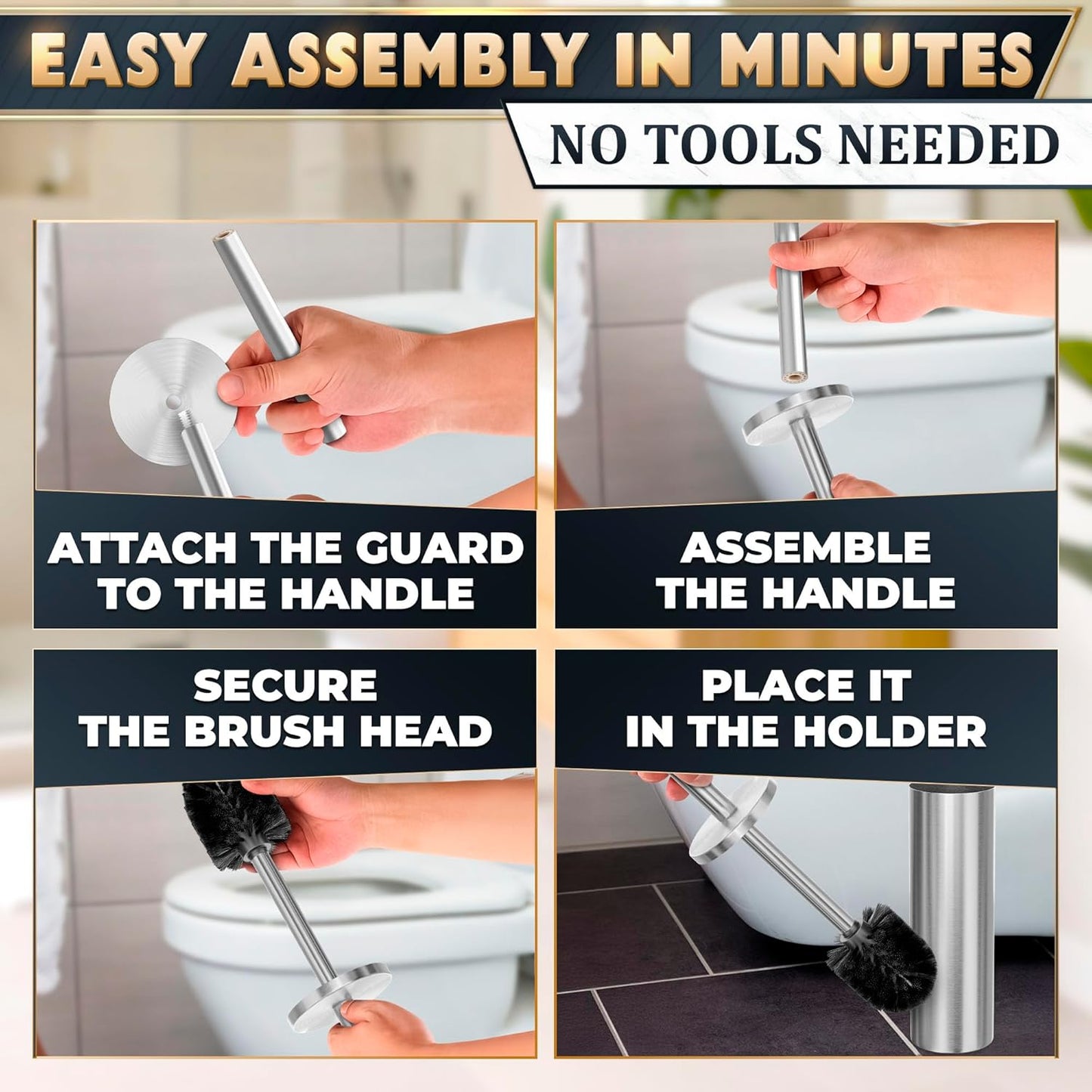Black Toilet Brush and Holder Set - Slim Matte Design that Fits Anywhere - Stainless Steel Toilet Bowl Brush and Holder with 2 Rounded Corners, Replaceable Head, Removable Inner Bowl & Splash Guard