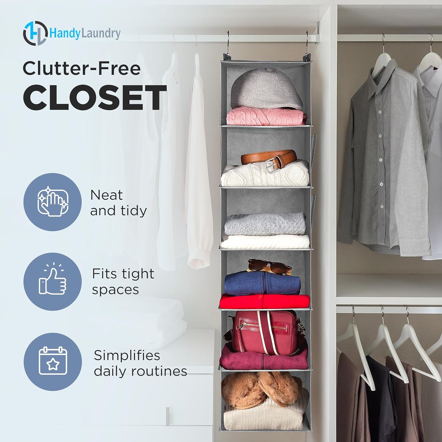 Handy Laundry Hanging Closet Organizer - 6 Shelf Storage for Clothes, Sweaters, Shoes & Accessories - Space-Saving Wardrobe Shelves with Hooks for Dorm, RV & Small Closet Organization (Beige)