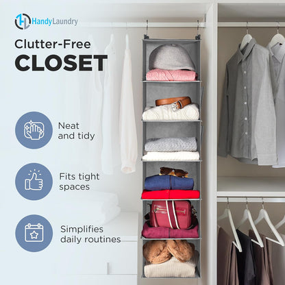 Handy Laundry Hanging Closet Organizer - 6 Shelf Storage for Clothes, Sweaters, Shoes & Accessories - Space-Saving Wardrobe Shelves with Hooks for Dorm, RV & Small Closet Organization (Beige)