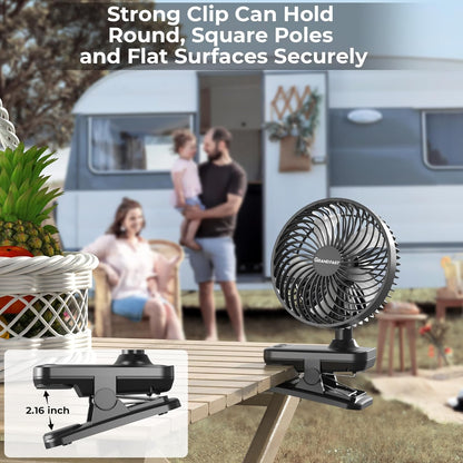 10000mAh Portable Fan with Clip, Rechargeable Clip On Fan with Light & Hook, 3 Strong Airflow & Timer, Battery Powered, Clamp On Desk Fan for Travel Outside Camping Sleep Bedroom Office RV Hurricane