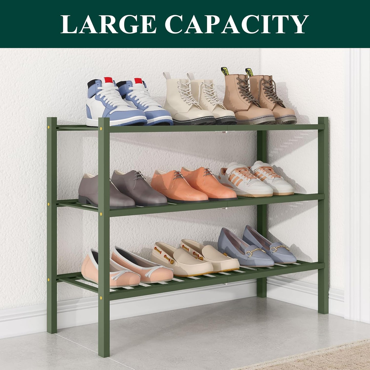 Smiry Bamboo Shoe Rack for Closet, 3 Tier Wooden Shoe Organizer, Stackable Wood Shoe Storage Shelf for Entryway, 14 Vertical Slats, One-piece Heavy-Duty Legs, 26.77"x11.02"x18.31", Natural