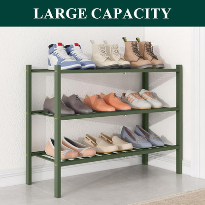 Smiry Bamboo Shoe Rack for Closet, 3 Tier Wooden Shoe Organizer, Stackable Wood Shoe Storage Shelf for Entryway, 14 Vertical Slats, One-piece Heavy-Duty Legs, 26.77"x11.02"x18.31", Natural
