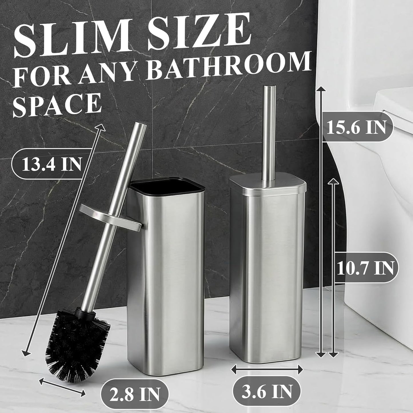 Black Toilet Brush and Holder Set - Slim Matte Design that Fits Anywhere - Stainless Steel Toilet Bowl Brush and Holder with 2 Rounded Corners, Replaceable Head, Removable Inner Bowl & Splash Guard