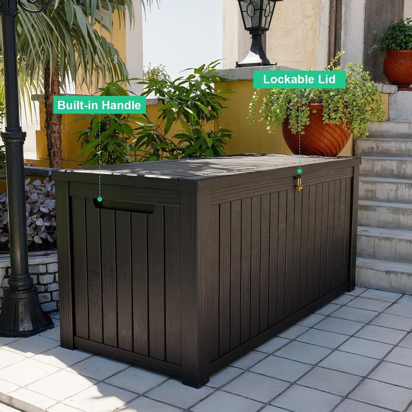 150 Gallon Waterproof Outdoor Storage Box,Resin Deck Box,Lockable Outside Storage Box Container for Patio Furniure,Garden,Tools (150 Gallon,Black)