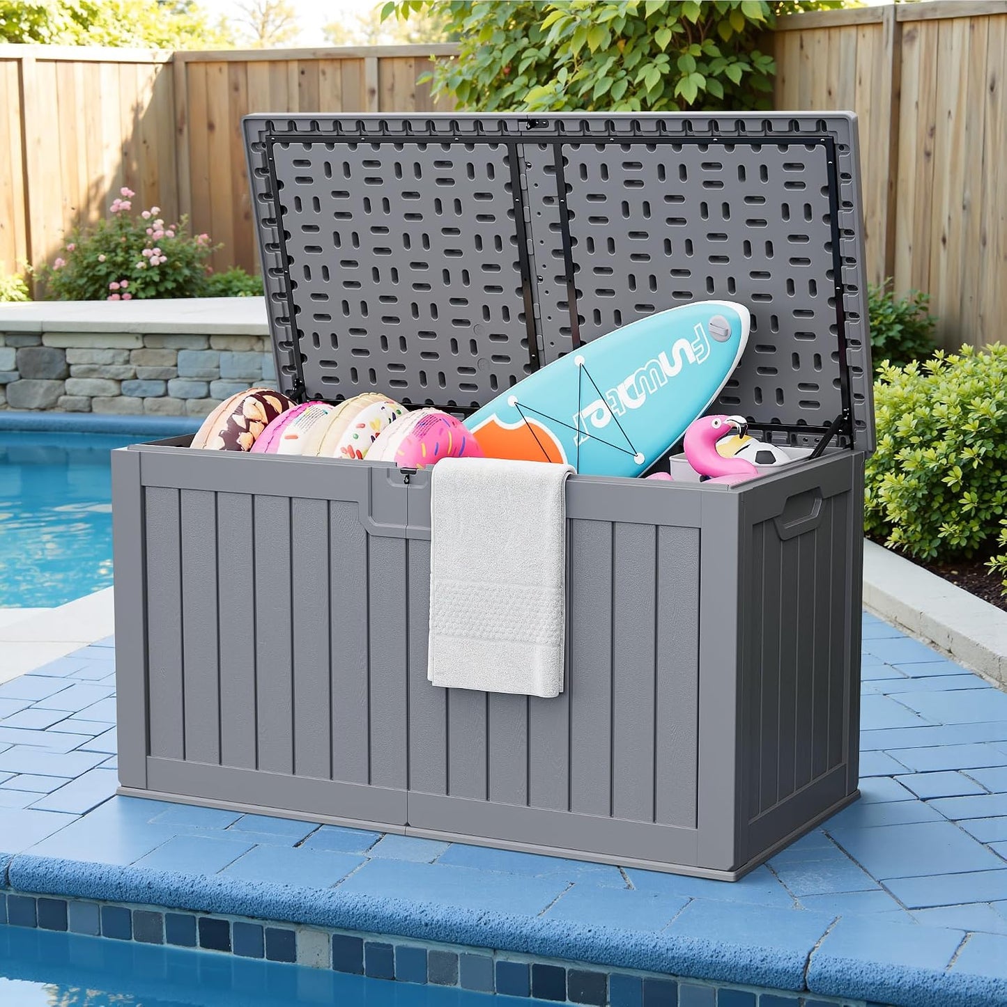 JUMMICO 31 Gallon Resin Deck Box Waterproof Indoor Outdoor Storage Boxes for Patio Furniture Cushions and Garden Tools (Brown)