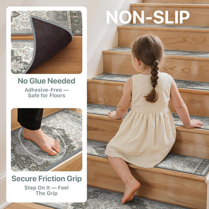 sarben Non Slip Stair Treads for Wooden Steps 15PCS - 8"x30" Indoor Safety Carpet, Edging Mats with TPE Adhesive Backing, Pet and Elderly Friendly Stair Rugs (Taupe) - Colors B