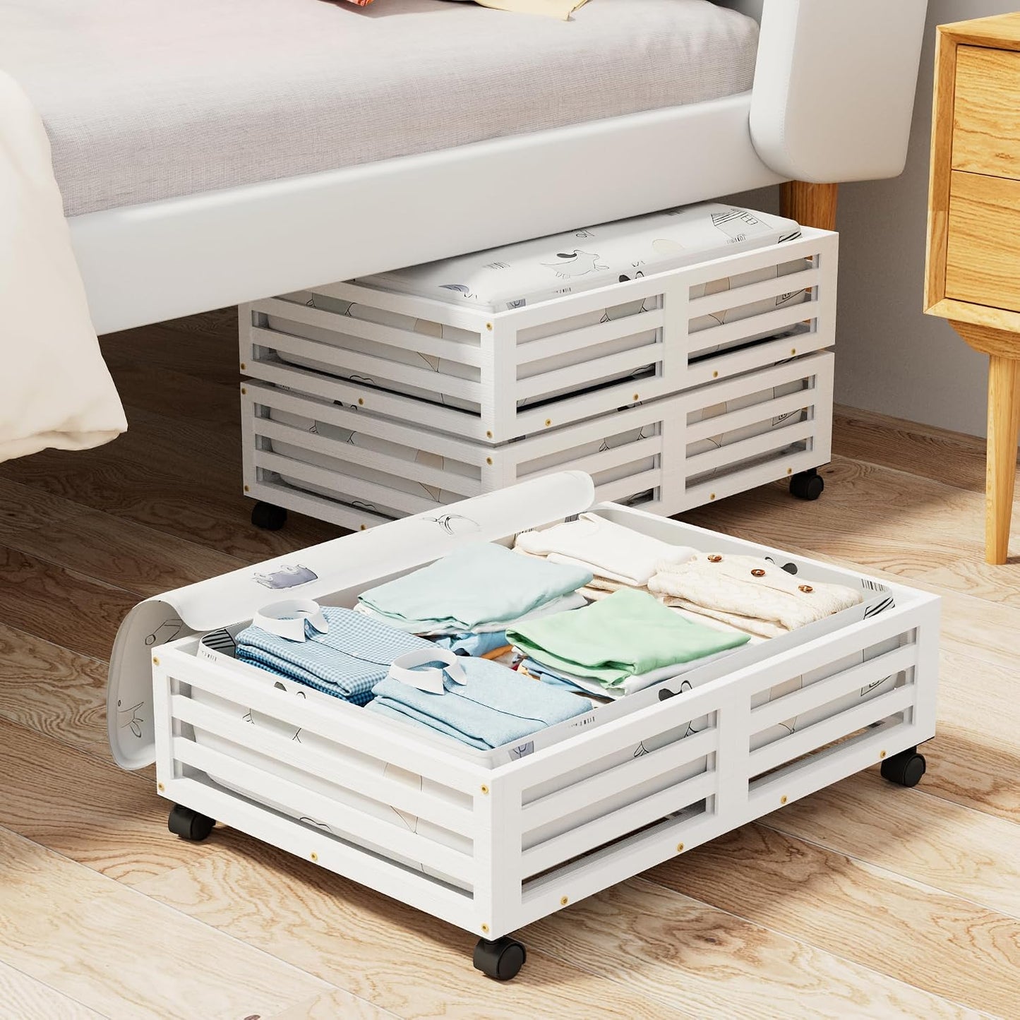Under Bed Storage with Wheels-Large Bamboo Underbed storage Containers with Large Dust Bag Stackable Under the Bed Shoe Storage Bins for Clothes Books Bedding (2 Packs Nature, 23.62"L×16.54"W× 6.51"H)