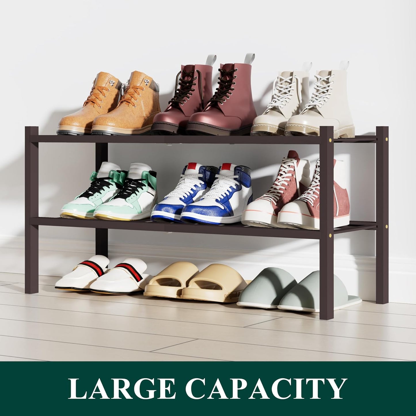 Smiry Bamboo Shoe Rack, 3 Tier Free Standing Wooden Shoe Organizer, Stackable Wood Shoe Storage Shelf for Closet, Entryway, 12 Vertical Slats, 2+1 Stack Standard Legs, 26.8"x11"x19.5", Natural
