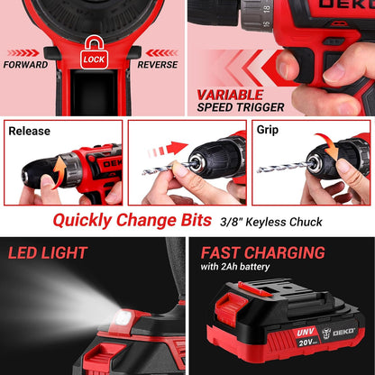 Cordless Drill Tool Kit Set: 20V Power Drill Tool Box with Battery Electric Drill Driver for Men Home Hand Repair Basic Toolbox Tools Sets Drills Case