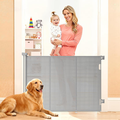 Retractable Baby Gate for Stairs, 42" Tall X 200" Wide Mesh Dog Gate Indoor, Child Gate for Doorways, Hallways, Deck, Indoor Outdoor Pet Baby Safety Essentials for Home, Black