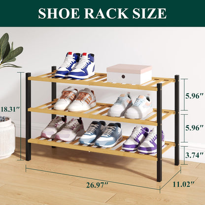 Smiry Bamboo Shoe Rack for Closet, 3 Tier Wooden Shoe Organizer, Stackable Wood Shoe Storage Shelf for Entryway, 14 Vertical Slats, One-piece Heavy-Duty Legs, 26.77"x11.02"x18.31", Natural