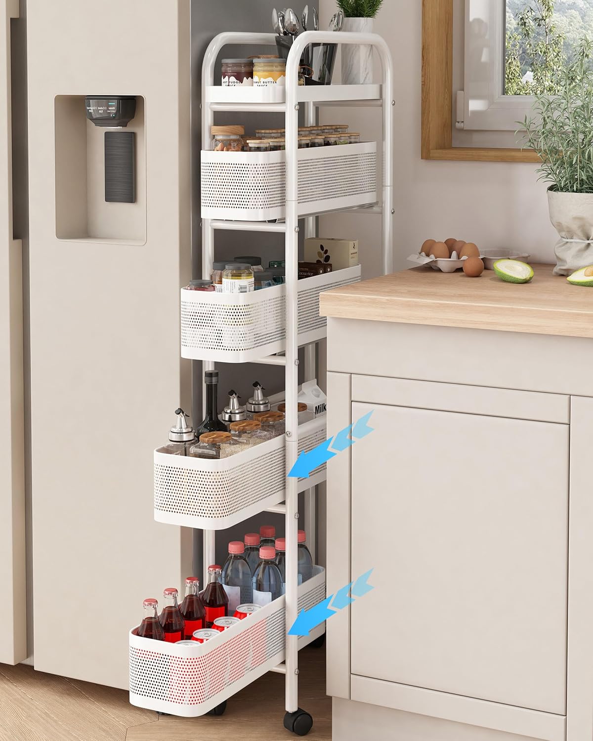 UMDONX Slim Storage Cart 5 Tier with Pull Out Basket Bathroom Organizer Rolling cart, Rolling Utility Cart Slide Out Organizer for Kitchen, Bathroom, Laundry Black