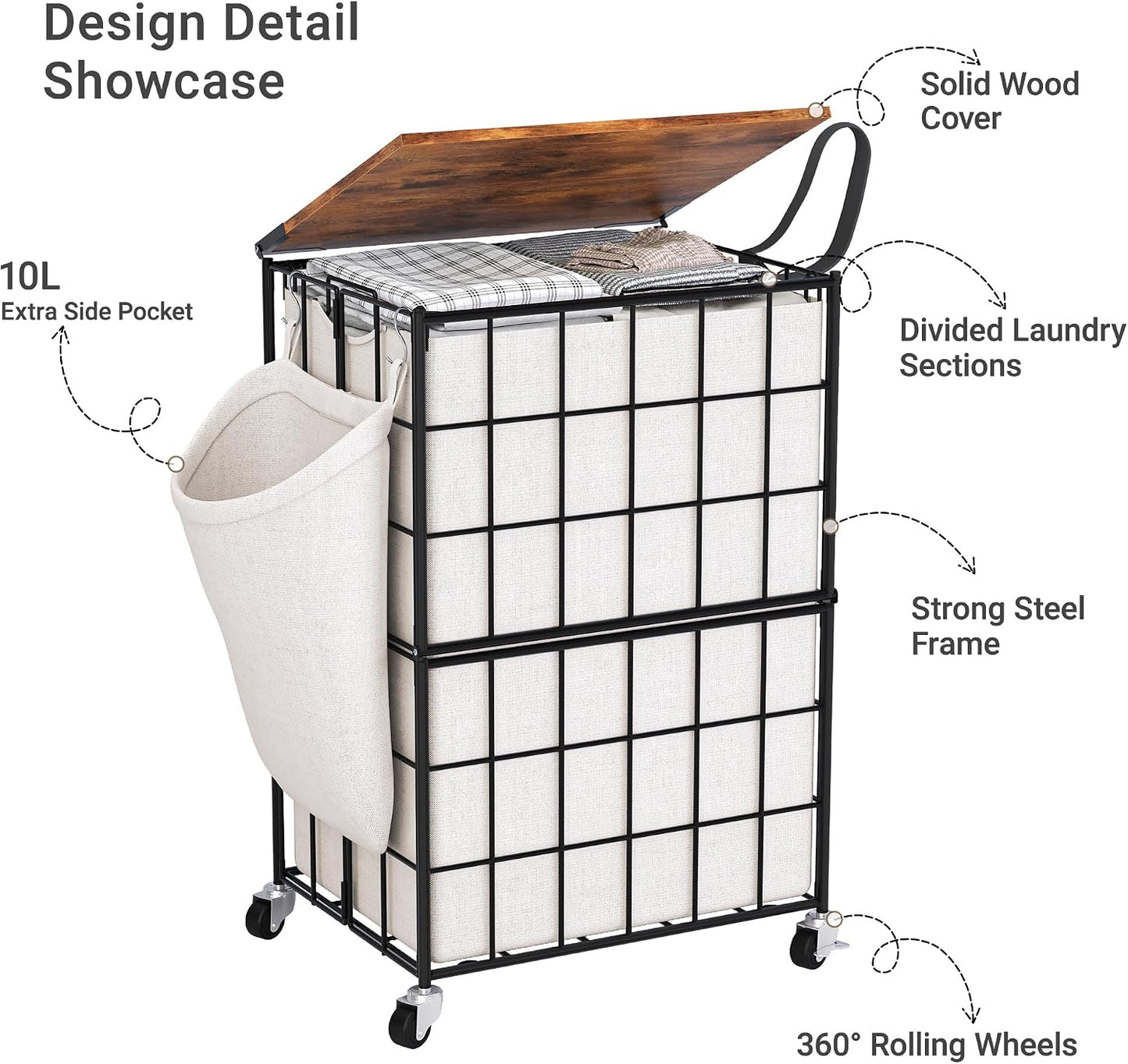 Laundry Basket with Wheels, Heavy Duty Laundry Sorter 2 Sections, 120L (32Gal.) Large Capacity Laundry Hamper with Wood Lid, 360 Rolling Wheels, Extra Side Pocket, Leather Pull Handle, Beige