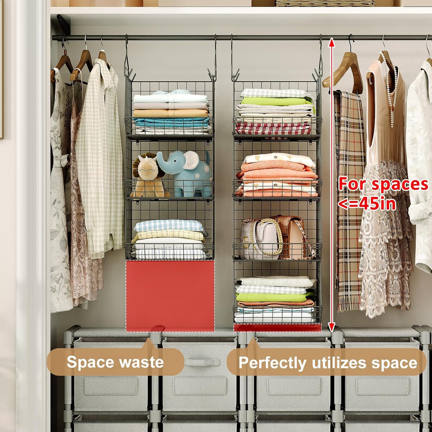 X-cosrack 4 Tier Closet Hanging Organizer, Foldable Closet Shelving with 2 Hanging Hooks 5 S Hooks, Wire Storage Basket for Wardrobe Laundry Room, for Clothing Sweaters Shoes Handbags Patent-White