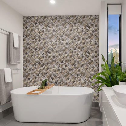 STICKGOO Arabesque Peel and Stick Backsplash Tile, Stick on Backsplash for Kitchen and Bathroom, Beige Marble Look PVC Mixed Metal Aluminum Mosaic Tiles (10 Sheets)