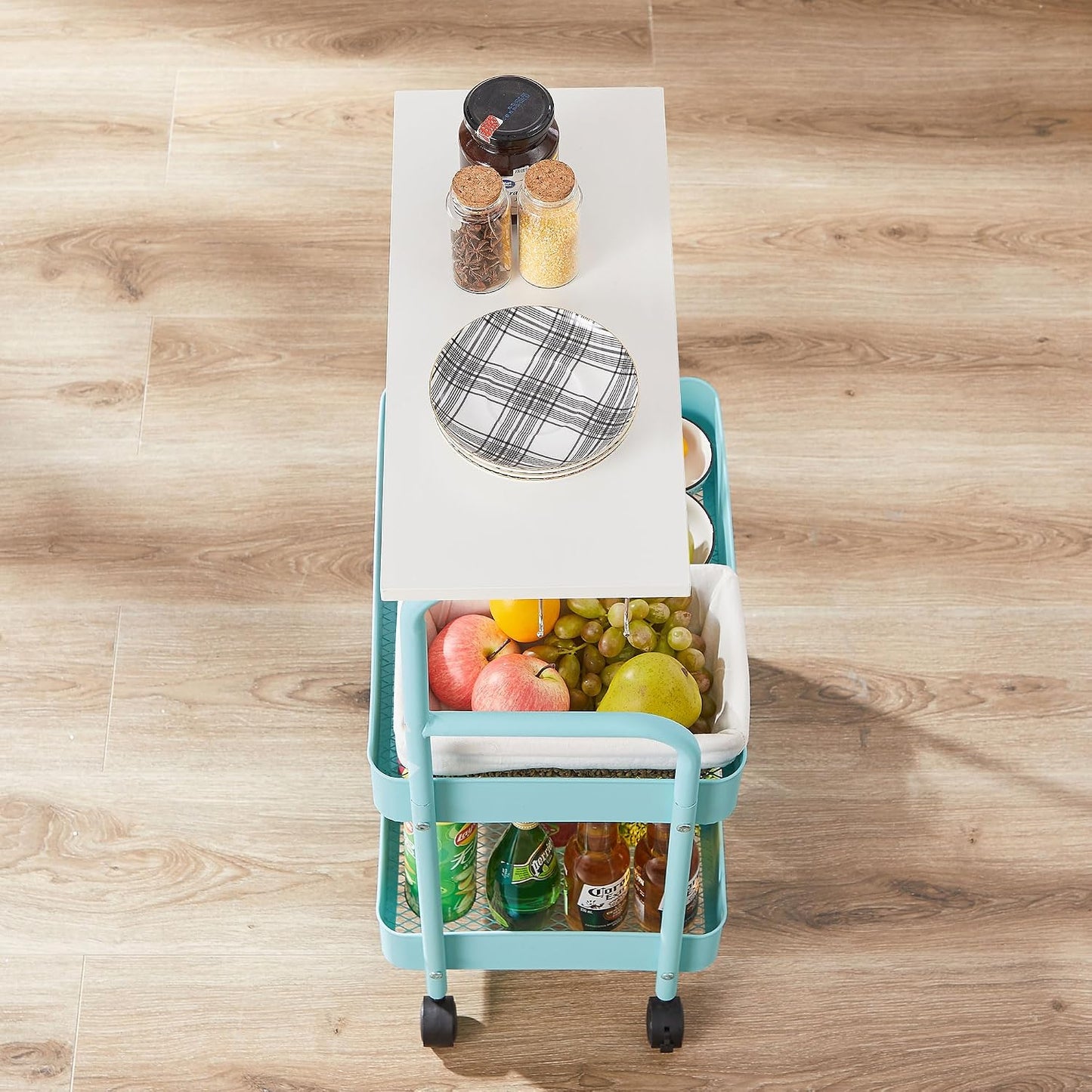 VECELO Storage Rolling Cart, 4 Tier Utility Cart Kitchen Slim Mobile Storage Unit Organizers with Wheels Hooks&Hanging Cups for Bedroom Bathroom Office Table Side in Narrow Places, White
