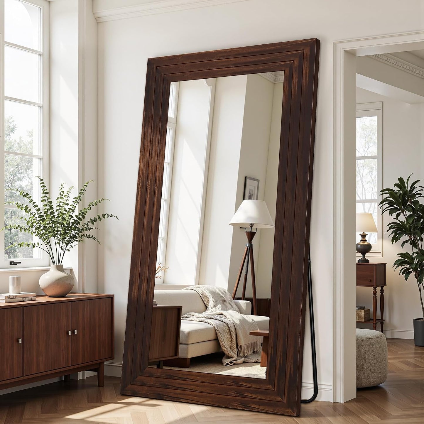 Antok Full Length Mirror with Solid Wood Frame, 71"×32" Wall Mounted Oversized Floor Mirror with Stand, Leaning Standing Hanging for Bedroom Living Room Entryway, Walnut, Arched Syle