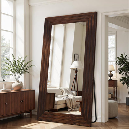 Antok Full Length Mirror with Solid Wood Frame, 71"×32" Wall Mounted Oversized Floor Mirror with Stand, Leaning Standing Hanging for Bedroom Living Room Entryway, Walnut, Arched Syle