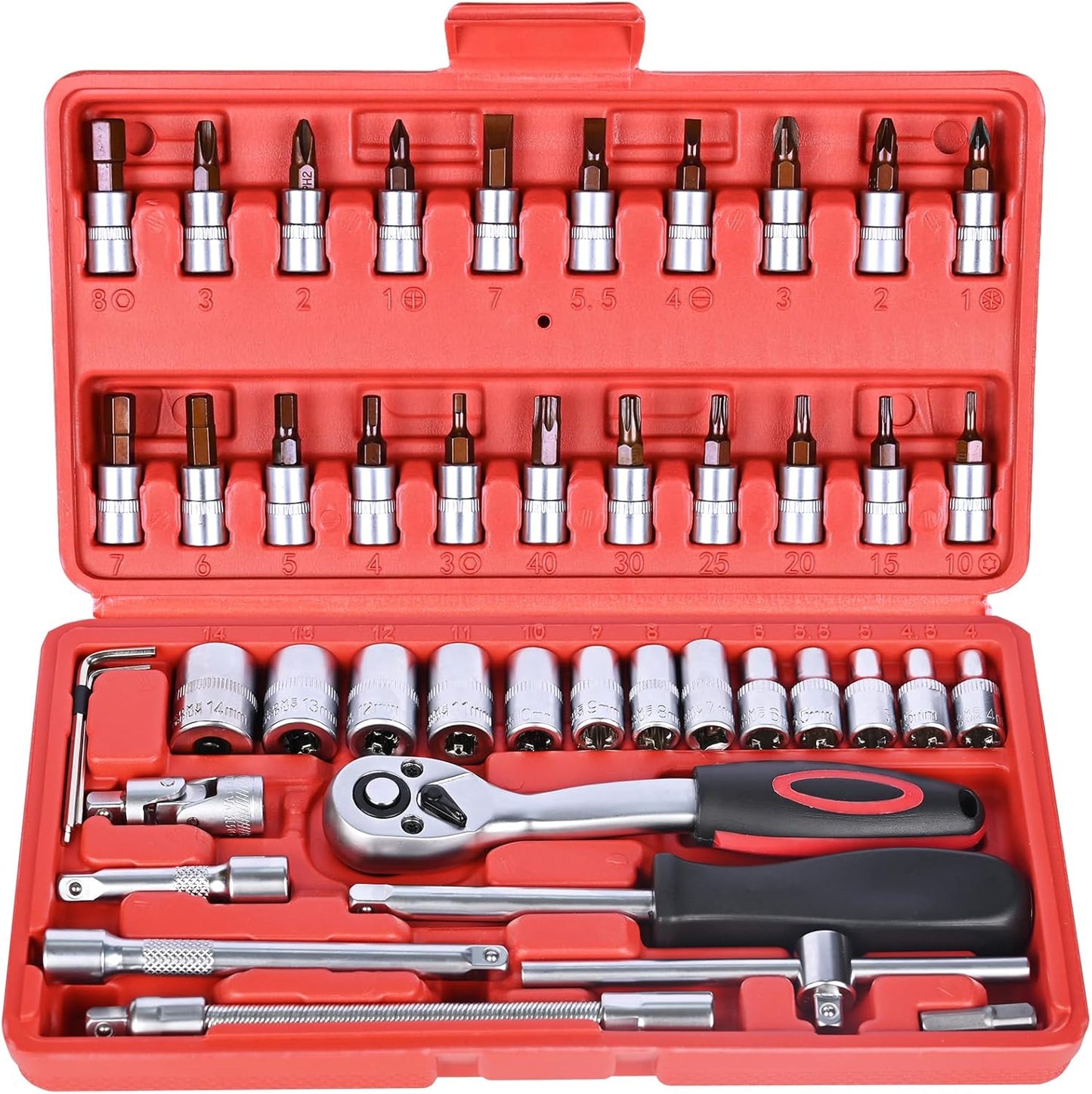 Egofine 46 Pieces 1/4 inch Drive Socket Ratchet Wrench Set, with Bit Socket Set Metric and Extension Bar for Auto Repairing and Household, with Storage Case
