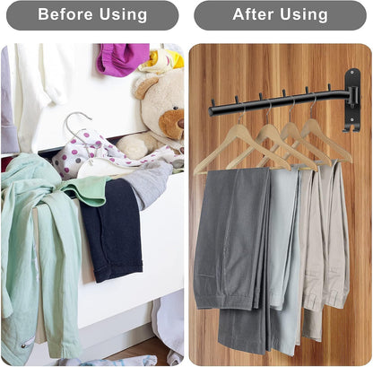 Bosszi 2-Pack Wall Mounted Folding Clothes Hanger Rack, Stainless Steel Clothes Hooks with Swing Arm Holder Space Saving Clothing Hanging System Closet Storage Organizer Heavy Duty Drying Rack (Black)