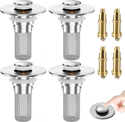 2PCS Bathroom Sink Stopper Strainer, Pop-Up Bathroom Sink Drain Strainer with Removable Stainless Steel Hair Catcher Basket, Universal Fit for US Bathroom Sinks, Bathtubs, Showers & Floor Drains