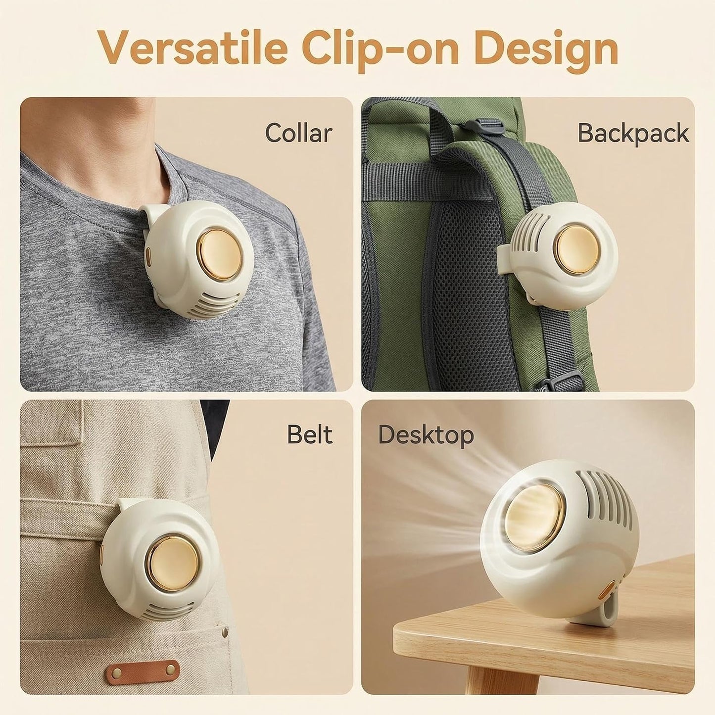 Portable Bladeless Wearable Fan, Silent USB Rechargeable Clip-On Personal Fan with 3 Speeds for Shirt or Waist, Hands-Free Cooling for Travel, Office & Outdoor Use