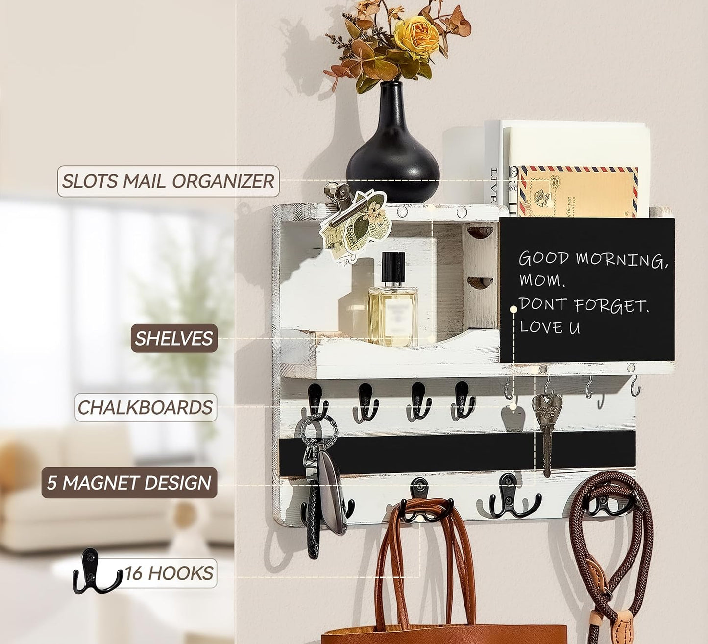Key Holder for Wall Mount with Shelf and Mail Organizer, Key and Mail Holder with 16 Hooks, Farmhouse Entryway Organizer, Home Decor Rack (Pine Wood, Black)