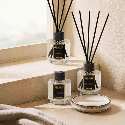Airkeep Reed Diffuser Set of 3 for Bathroom Air Fresheners, Oil Diffuser Sticks | Cedar Wood,White Pine Moroccan Amber Scent Diffuser(1.7 fl oz*3) Fragrance with 18 Sticks Defusers | Shelf Decor