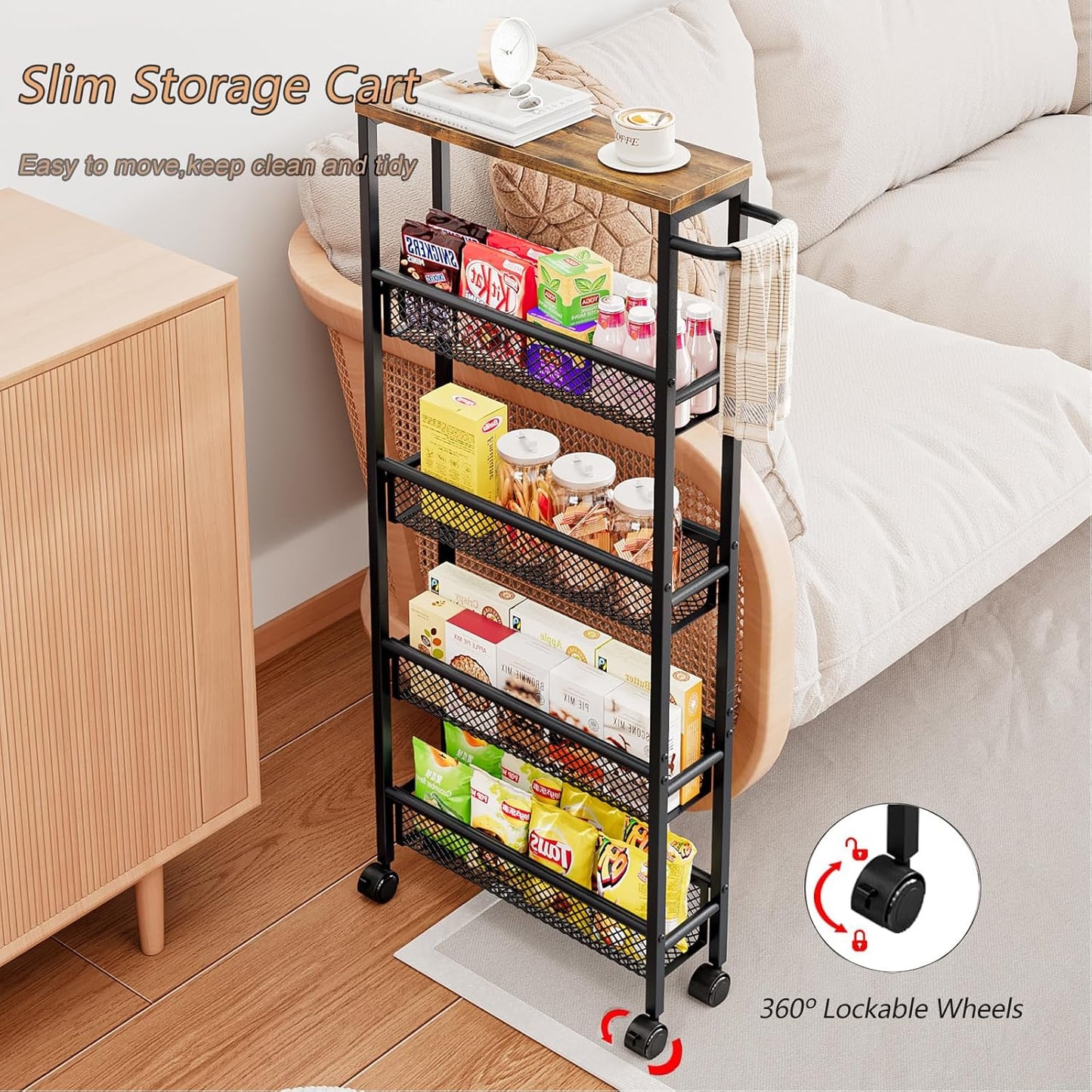AZERPIAN Slim Rolling Cart 4 Tier Narrow Storage Cart on Wheels with MDF Board Top and Metal Handle for Small Space Kitchen Living Room Home Office Pantry Bathroom Laundry Room(16.54×5.12×30.31 inch)