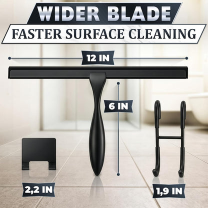 Shower Door Squeegee with Adhesive & Hanging Hooks, 12" Silicone Blade - Stainless Steel All-Purpose Squeegee for Shower Glass, Bathroom Mirror Cleaner Tool Suitable for Tile Walls - Multi-Surface Use