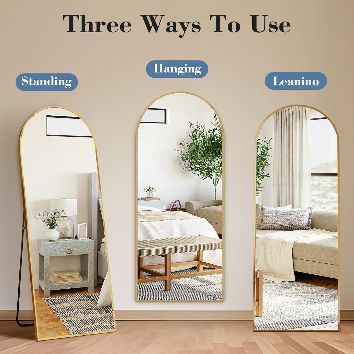 59"x16" Arched Full Length Mirror, Full Body Mirror with Leaning or Standing, Floor Standing Aluminum Frame for Bedroom, Livingroom, Cloakroom, Black
