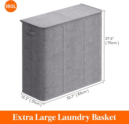 Lifewit Double Laundry Hamper with Lid and Removable Laundry Bags, Large Collapsible 2 Dividers Dirty Clothes Basket with Handles for Bedroom Laundry Room Closet Bathroom College, 136L Beige