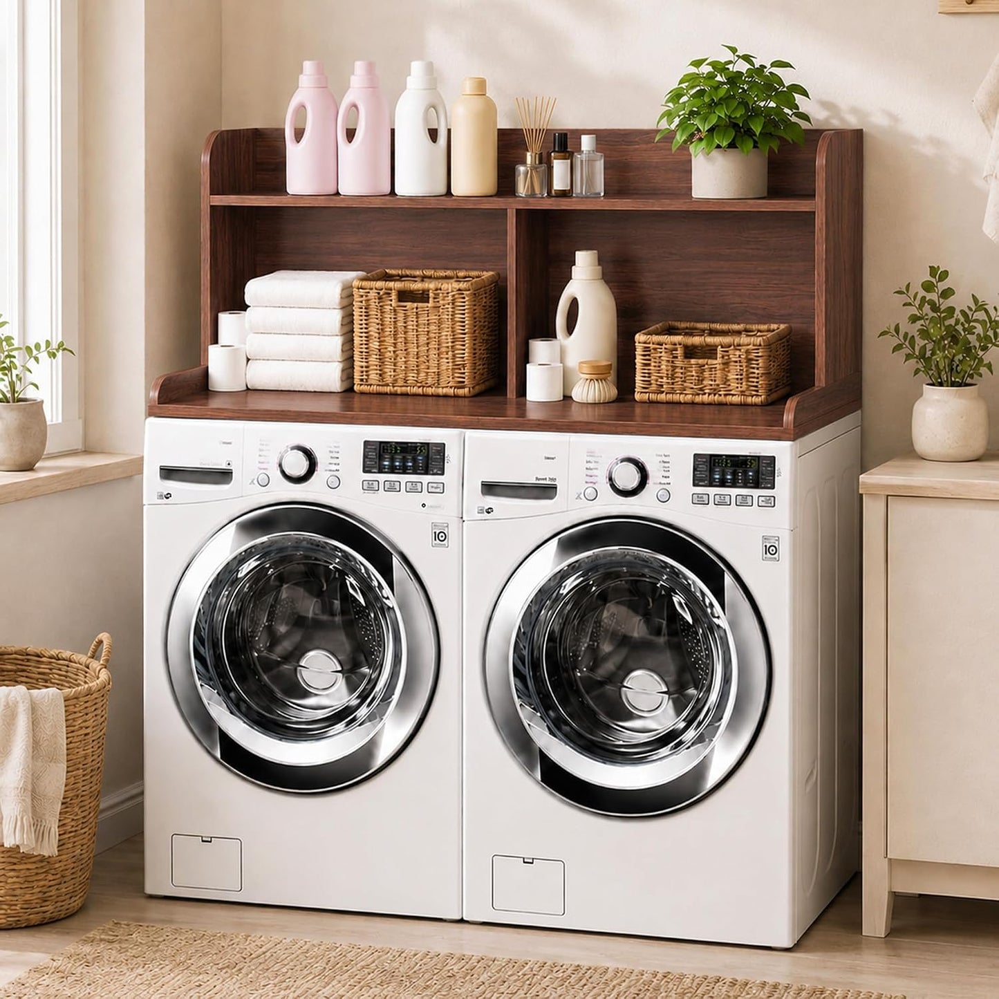 Royxen Laundry Countertop with 20" Shelf Universal Fit, Washer and Dryer Countertop with Storage Space, Laundry Room Storage (Walnut)