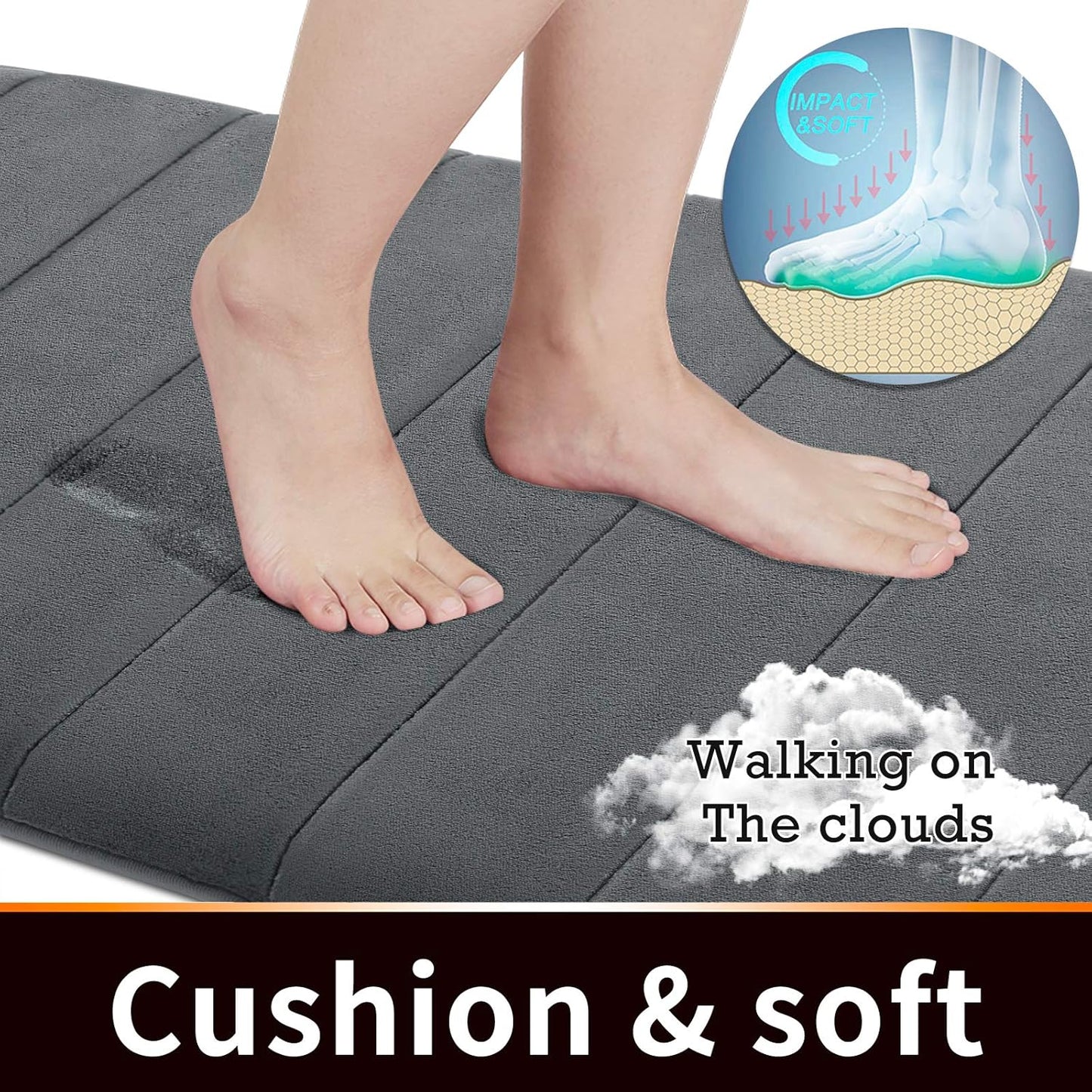 Yimobra Memory Foam Bath Mat, Super Soft Absorbent Bathroom Rug Non Slip, Quick Dry, Machine Washable Floor Carpet for Tub Shower, Home Decor Accessories, 24x17, Grey