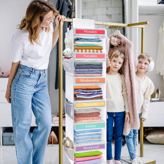 Fixwal 6-Shelf Weekly Clothes Organizer for Kids, Kids Daily Shelf Hanging Closet Organizer with 6 Side Pockets, Days of The Week Hanging Storage Shelves (Pink)