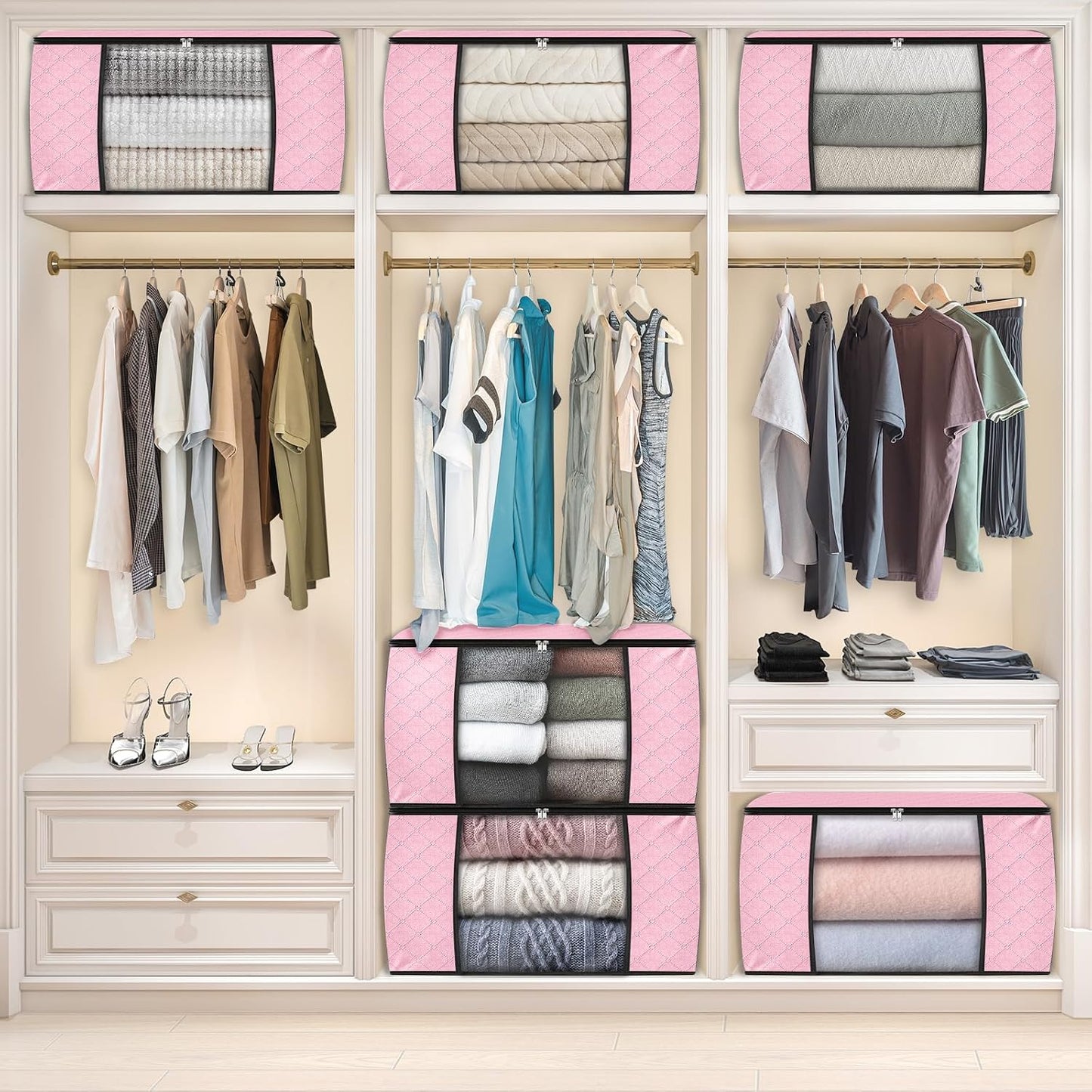 Fab totes 6 Pack Storage Bags for Clothes and Blanket, Foldable Closet Organizers and Storage with Zippers, Clear Window and Handles, Fabric Storage Bins for Sweater, Comforter, Bedding,Linen Sheets
