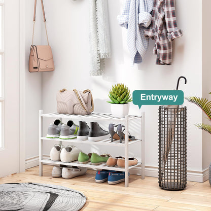 viewcare 3-Tier Black Bamboo Shoe Rack for Entryway, Stackable | Foldable | Natural, Shoe Shelf Storage Organizer for Hallway Closet, Free Standing Shoe Racks for Indoor Outdoor